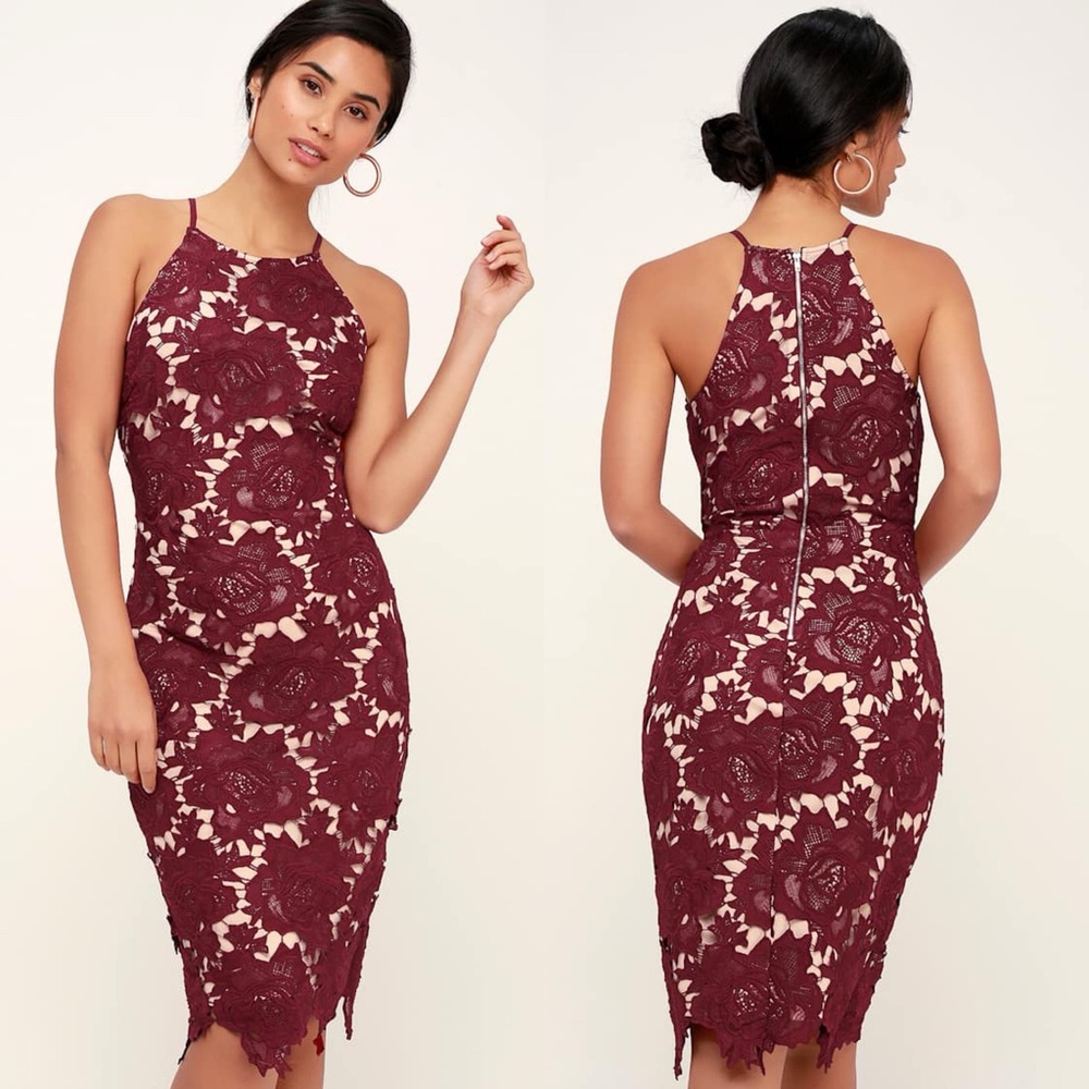 Lulus Temps De L’Amour Burgundy Lace Bodycon Midi Dress Womens Medium New NWT